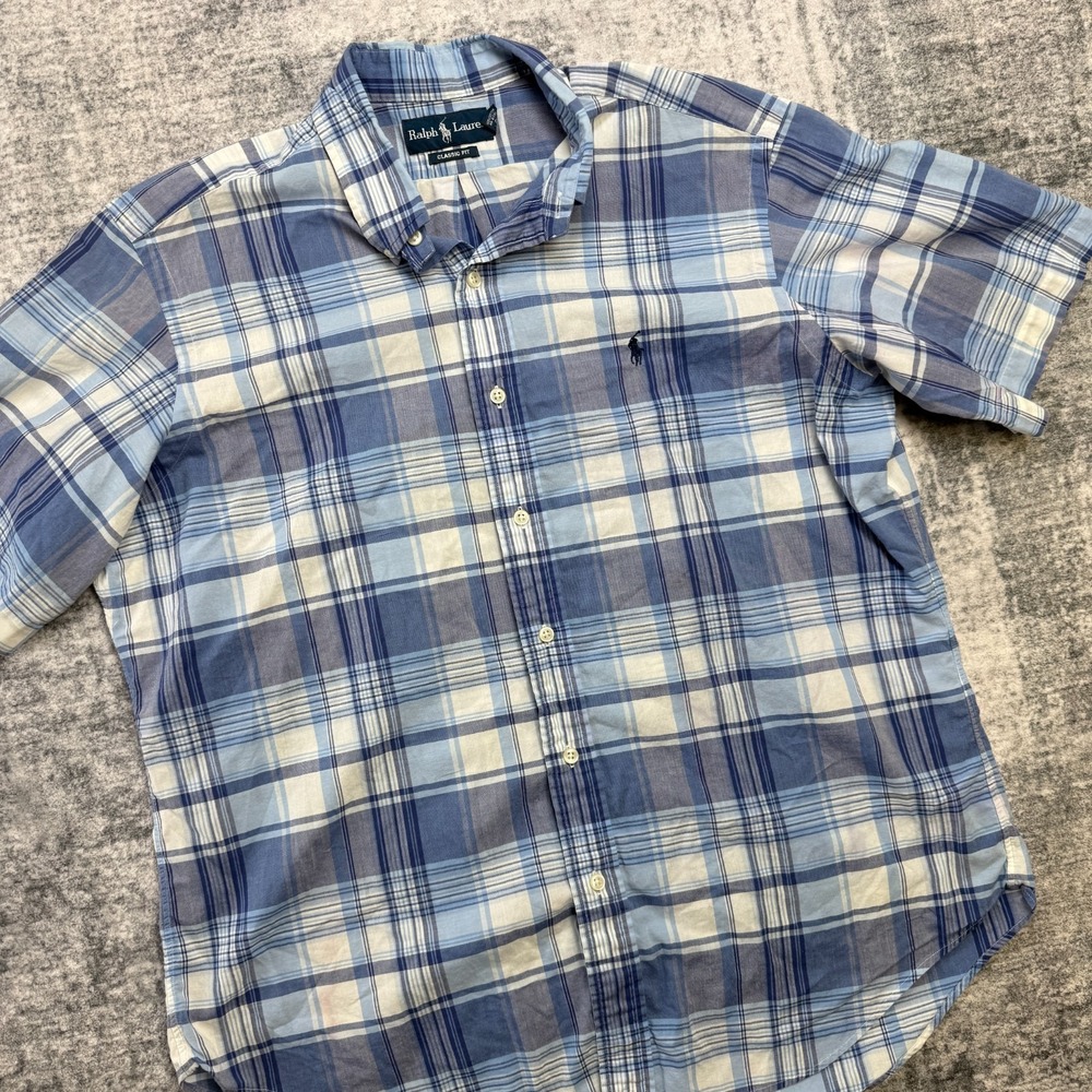 VTG Polo Ralph Lauren Shirt Mens Large Classic Fit Blue Plaid Preppy Pony Casual